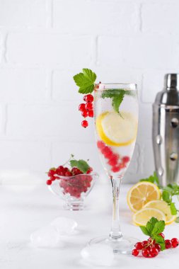 Bardak soğuk su limon ve nane beyaz arka planda yenileme