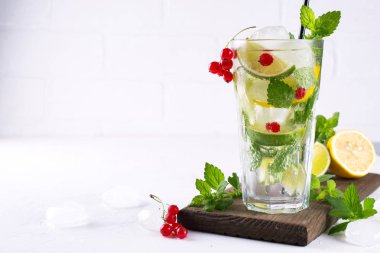 Çeşitli berry limonata veya mojito kokteyller, taze buzlu limon kireç, frenk üzümü suyu infüzyon, yaz sağlıklı detoks içecekler açık renkli kopya alanı