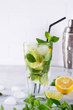 Buz ve shaker ile taze berry ev yapımı limonata mojito limon, limon, nane ile kokteyl bırakır. Yaz içki kavramı. 