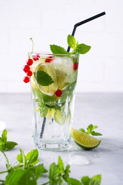 Soğuk yaz içeceği, Sangria, limonata veya Mojito taze kırmızı kuş üzümü limon, limon nane yaprakları malzemelerle.