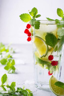 Soğuk yaz ev yapımı meyve ve çilek limonata. Mojito, limonata veya cam sangria. 