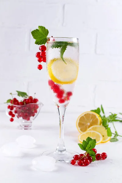 Kaltes Fruchtentgiftungswasser Mit Zitrone Beeren Minze Und Eis Erfrischungsgetränk Sommer — Stockfoto