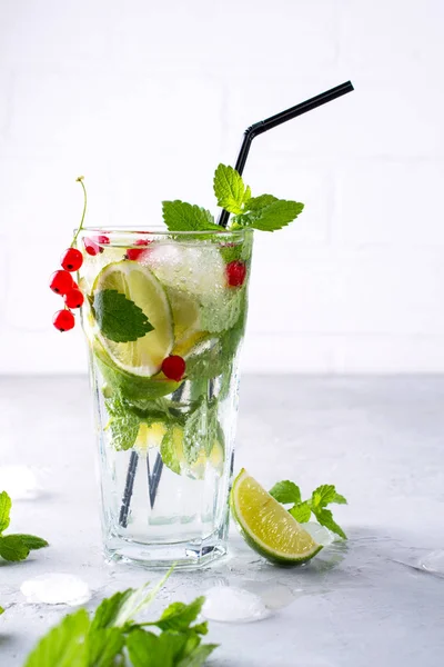 Kall Sommardrink Sangria Läsk Eller Mojito Med Färska Röda Vinbär — Stockfoto