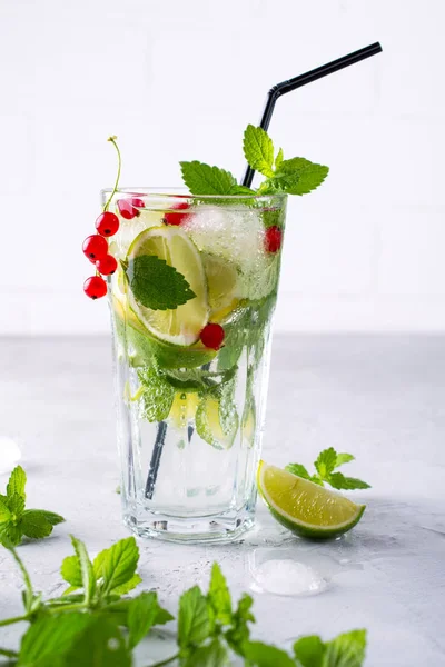 Kall Sommardrink Sangria Läsk Eller Mojito Med Färska Röda Vinbär — Stockfoto