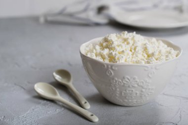 Seramik kaşık ile ev yapımı Peynir tabağı. Gri beton zemin üzerine.