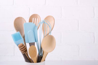 Mutfak eşyaları, ahşap ve silikon, ücretsiz kopya alanı kümesi. Yakın çekim