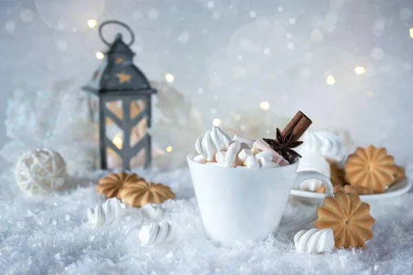 Cup Hot Cocoa Marshmallow Coffee Cinnamon Sweet Cookies Snow Background — Stock Photo, Image