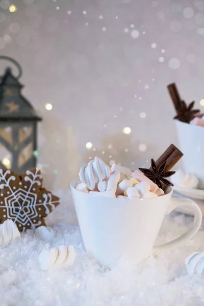 Cup Hot Beverage Marshmallow Spices Snow Background — Stock Photo, Image