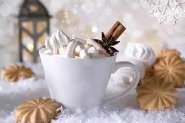 Cup Hot Cocoa Marshmallow Coffee Cinnamon Sweet Cookies Snow Background — Stock Photo, Image