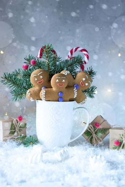 Natal Cartão Ano Novo Copo Com Abetos Bengalas Doces Biscoitos — Fotografia de Stock