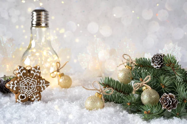 Yılbaşı Dekorasyonu. Kar arka plan ve güzel lamba ile ev tanımlama ışık topları ile Noel ağacı dalı. Kopya alanı