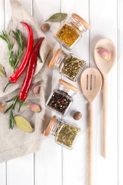 Kleurrijke Specerijen Kruiden Voor Het Koken Van Achtergrond Bovenaanzicht Plat — Stockfoto