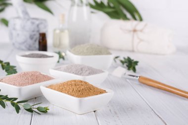 Farklı kil tozu ile seramik kaseler ve beyaz arka plan üzerinde taze Okaliptüs yaprakları. Yüz ve vücut bakım kavramı.