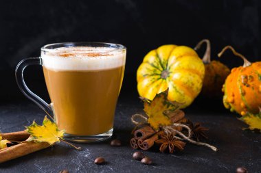Kabaklar sütlü kabak kabak spice latte - soğuk sonbahar ya da kış rahat içmeye. Koyu arka plan üzerinde