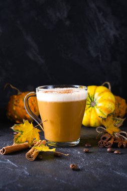Sütlü kabak baharatlı veya kahve cam Kupası, kuru yaprakları. Geleneksel sonbahar ya da kış sıcak içecek. Metin için yer