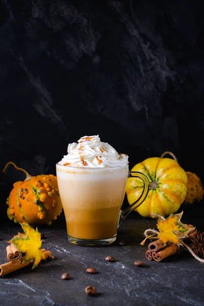 Xícara Latte Especiarias Abóbora Com Chantilly Cima Temperos Sazonais Outono — Fotografia de Stock