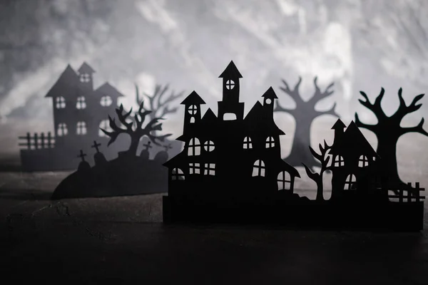 Hintergrund Halloween Nacht Papierkunst Verlassenes Dorf Einem Dunklen Nebelwald — Stockfoto