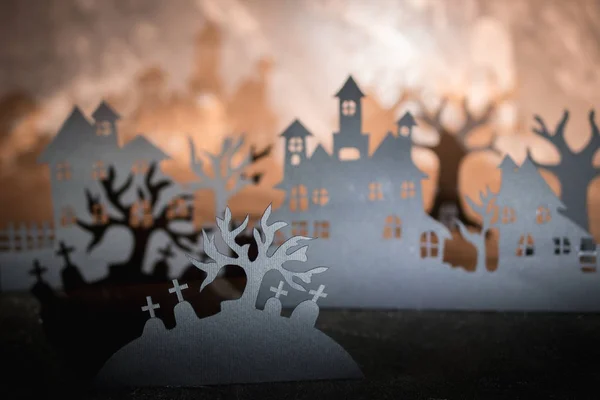 Fond Nuit Halloween Art Papier Village Abandonné Dans Une Forêt — Photo