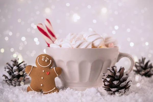 Winter Hot Drink Cacao Marshmallows Gingerbread Man Cookies Spicy Hot — Stock Photo, Image