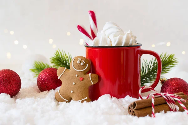 Composição Inverno Aconchegante Com Uma Xícara Chocolate Quente Com Biscoitos — Fotografia de Stock