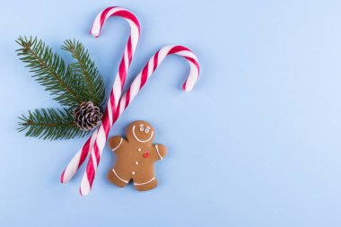 Basit şenlikli tasarım. Mockup tebrik, planları, dilek, gol için. Pastel mavi arka plan üzerinde Noel süsleri. Düz yatıyordu. Neşeli Chraistmas ve mutlu yeni yıl 2019