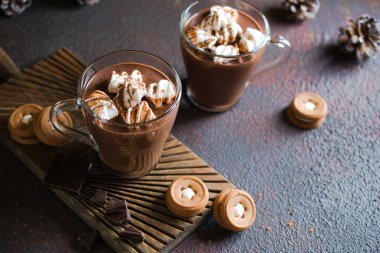 Bir fincan sıcak çikolata marshmallow üst ve kış dekorasyonu ile. Sonbahar ya da kış tatilleri, kopya alanı için geleneksel içki.
