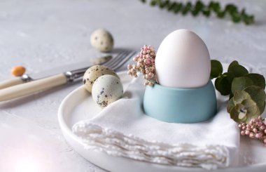 Bıldırcın yumurta ve tavuk yumurta, okaliptüs, yaprak yeşil dal ile Paskalya Festival Tablo ayarı. Bir gri beton arka plan üzerinde. Tatil kutlama süslemeleri.