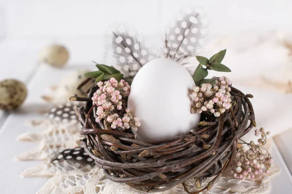 Nest White Chicken Egg Easter Concept Happy Easter Spring Greeting — Stock Photo, Image