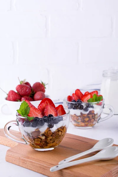 Breakfast Food Yoghurt Berries Fruits Granola Glass Cups Copyspace — Stock Photo, Image