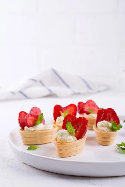 Sweet Waffle Basket Cream Cheese Strawberries Summer Breakfast White Background — Stock Photo, Image