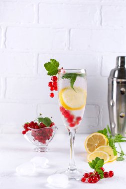 Bardak soğuk su limon ve nane beyaz arka planda yenileme