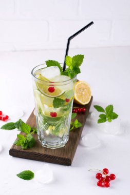 Ev mojito kokteyl limon, limon, nane yaprağı, buz ve kırmızı kuş üzümü ile yaptı. Yaz içki kavramı. 