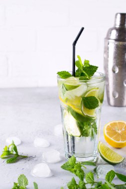 Buz ve shaker ile taze berry ev yapımı limonata mojito limon, limon, nane ile kokteyl bırakır. Yaz içki kavramı. 