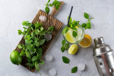 Mojito kokteyller veya gri beton zemin üzerine diğer içecekler için malzemeler