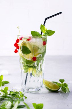 Soğuk yaz içeceği, Sangria, limonata veya Mojito taze kırmızı kuş üzümü limon, limon nane yaprakları malzemelerle.