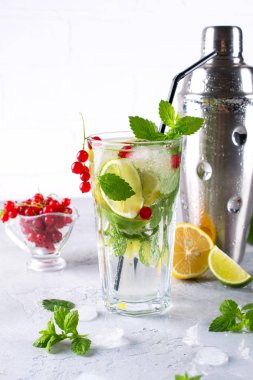 Buz ve shaker ile taze berry ev yapımı limonata mojito limon, limon, nane ile kokteyl bırakır. Yaz içki kavramı. 
