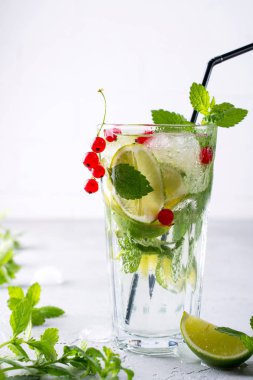 Soğuk yaz içeceği, Sangria, limonata veya Mojito taze kırmızı kuş üzümü limon, limon nane yaprakları malzemelerle.