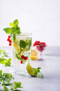 Soğuk yaz ev yapımı meyve ve çilek limonata. Mojito, limonata veya cam sangria. 