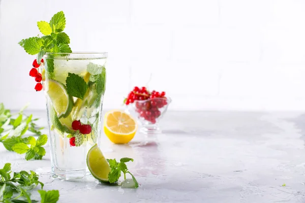 寒冷的夏天自制的水果和浆果柠檬水 莫吉托 柠檬水或桑格里亚玻璃 — 图库照片