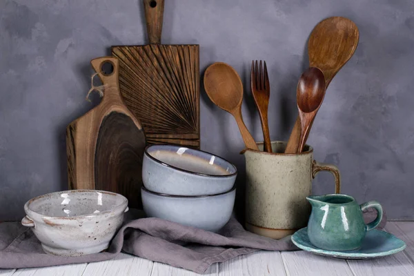 Collectie Voor Rustieke Simple Handcraft Keukengerei Neutrale Tinten Grijze Achtergrond — Stockfoto