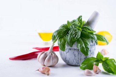 Taze Bahçe basil otlar harç ve zeytinyağı, sarımsak, kırmızı biber, limon beyaz arka plan üzerinde sıcak..