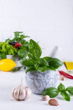 Taze Bahçe basil otlar harç ve zeytinyağı, sarımsak, kırmızı biber, limon beyaz arka plan üzerinde sıcak..
