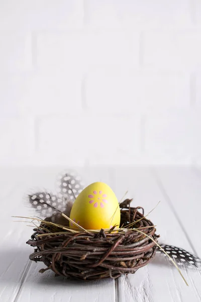 Minimal Easter Composition Yellow Decorative Chicken Egg Nest Mimosa Flowers — Stock Photo, Image