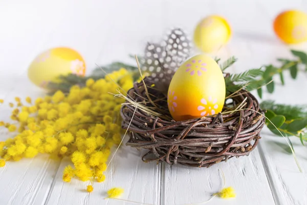 Minimalny Skład Wielkanoc Żółty Dekoracyjny Kurzego Gnieździe Mimosa Kwiaty Piór — Zdjęcie stockowe