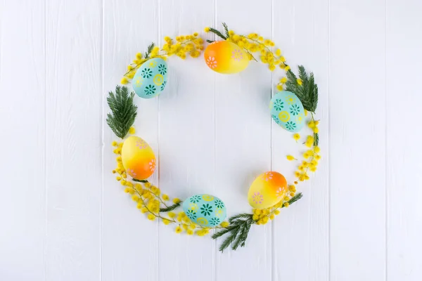 Mimosa Painted Aggs Circle Frame White Background Space Text Floral — Stock Photo, Image