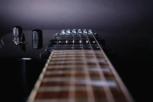 Guitar Stringsand Fretboard Close Electric Guitar Soft Selective Focus Black — Stock Photo, Image