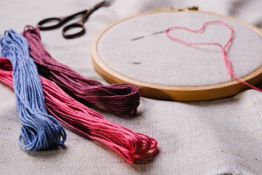 Nakış ayarlayın. Beyaz keten kumaş, nakış çember, renkli konu ve needls. kopya alanı