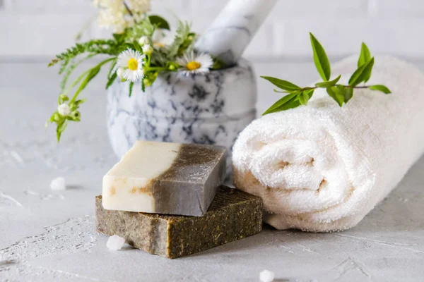 Healthy skin care. SPA concept. Natural handmade soap with dried herbs and flowers , sea salt. Natural Herbal Products.