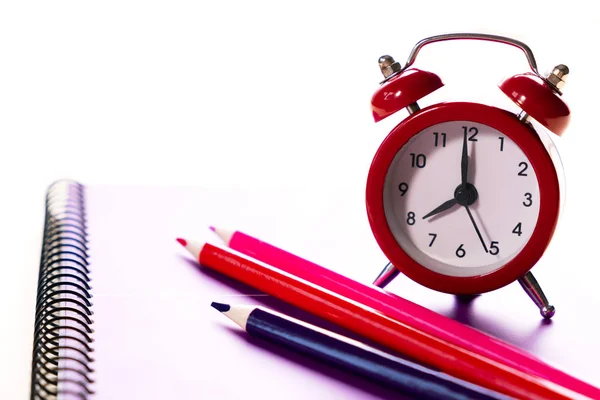 School Time Minimalistic Concept Colored Pencils Notebooks Red Alarm Clock — Stock Photo, Image