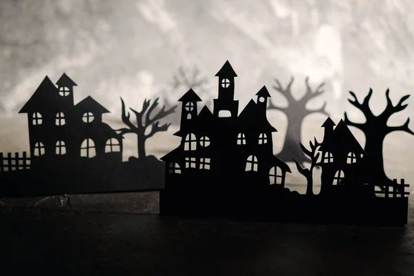 Hintergrund Halloween Nacht Papierkunst Verlassenes Dorf Einem Dunklen Nebelwald — Stockfoto